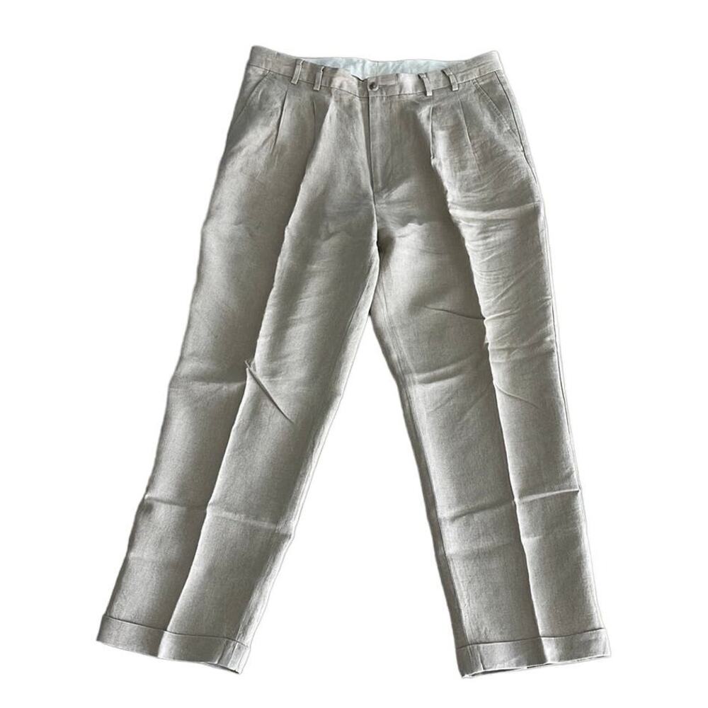 Murano 100% Irish Linen Cuffed Pants, Tan, Waist 36, Inseam 30